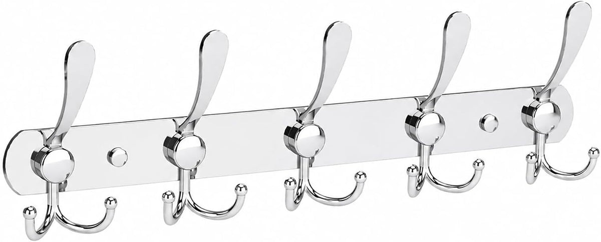 YUNISS Coat Rack Wall Mounted，5 Tri Stainless Steel Coat Hook for Coat Hat Robes Towel in Mudroom Entryway (Sliver, 1 Pack 5 Hook)