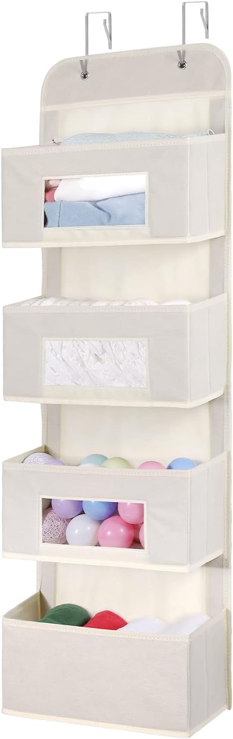 MAX Houser 4-Shelf Over The Door Hanging Organizer with 2 Metal Hooks,Beige