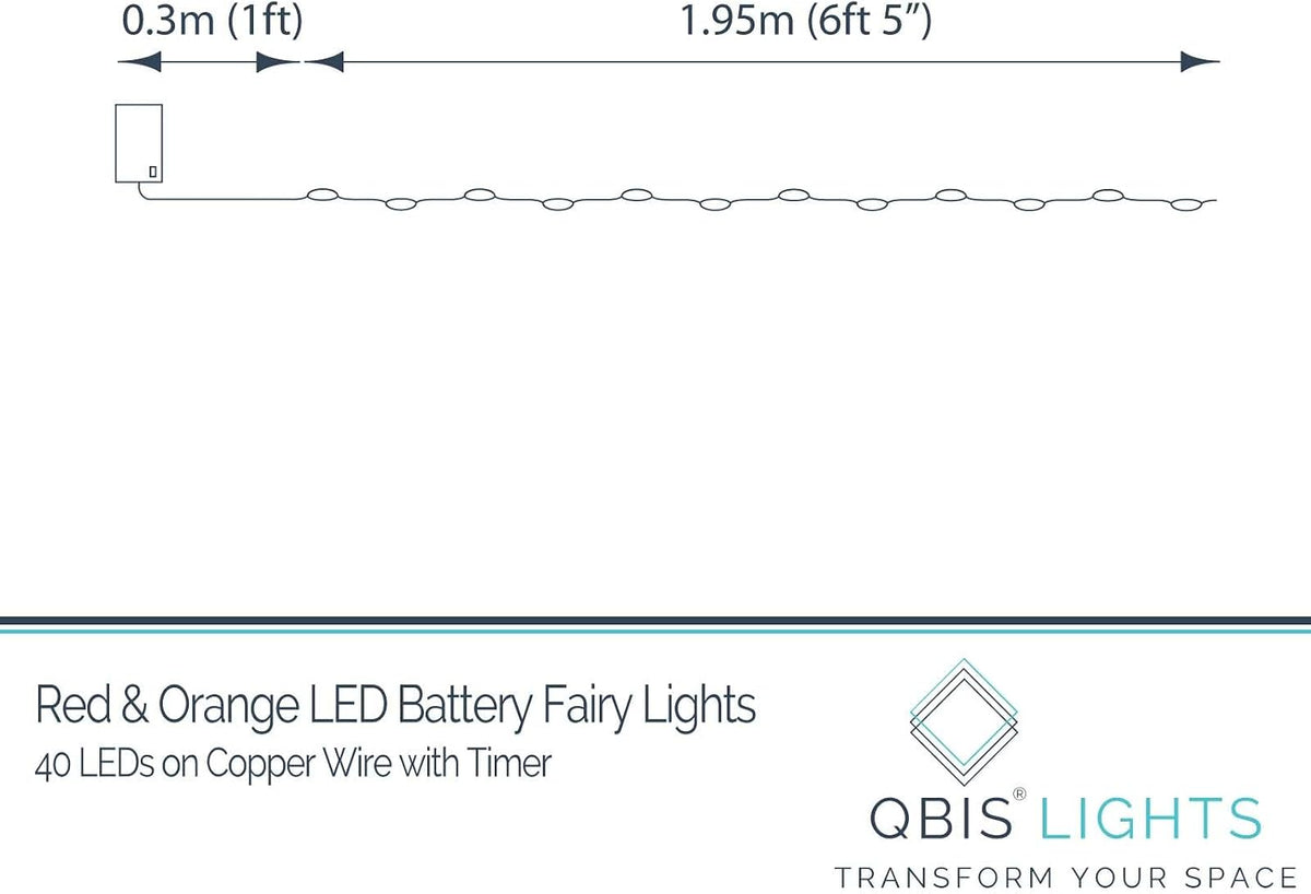 QBIS Battery Operated Halloween Lights, 40 LEDs, Red Orange Yellow, 6.5ft