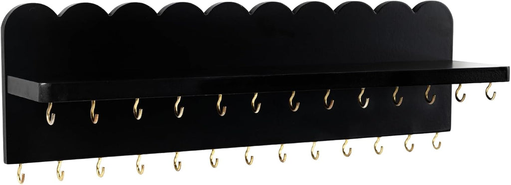 Wall Mount Jewelry Organizer with 26 Hooks and Cosmetics Shelf, Modern Wood Hanging Jewelry Holder for Necklaces, Bracelets, Earrings and Rings, Black