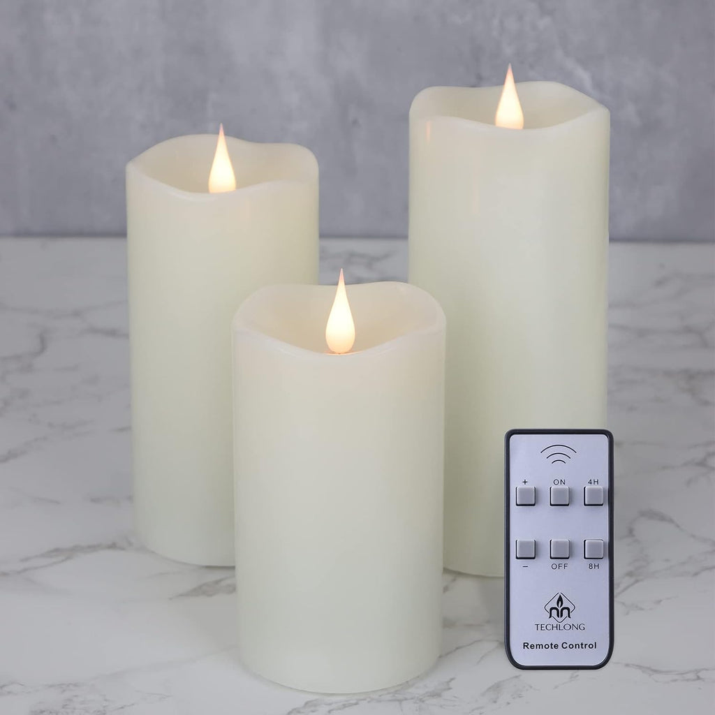 TECHLONG Flickering Flameless Candles with 3D Moving Flame Set of 3(H 5" 6" 7" x D 3"), Last 1000+ Hours Battery Operated Candles with Remote Timer, Ivory Real Wax Electric LED Pillar Candles
