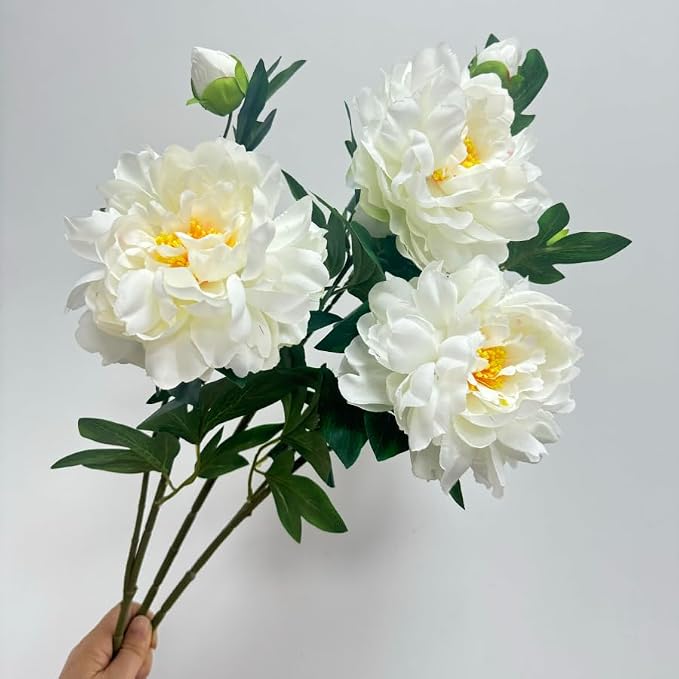 3 Pieces White Peonies Artificial Flowers,27"Silk Flowers with Stems,Winter Flowers Artificial for Decoration,Long Stem Artificial Flowers for Tall Vase,Wedding Table Centerpiece Party Decor(White)