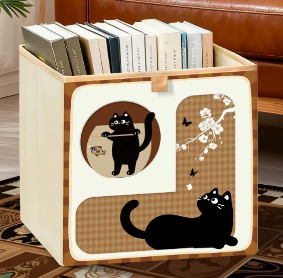 Boho Fabric Storage Cube Bin, Collapsible Storage Basket for Shelves, Decorative Organizer Box for Books, Clothes, Toys, Closet & Home Organization (Cat (13-Inch))