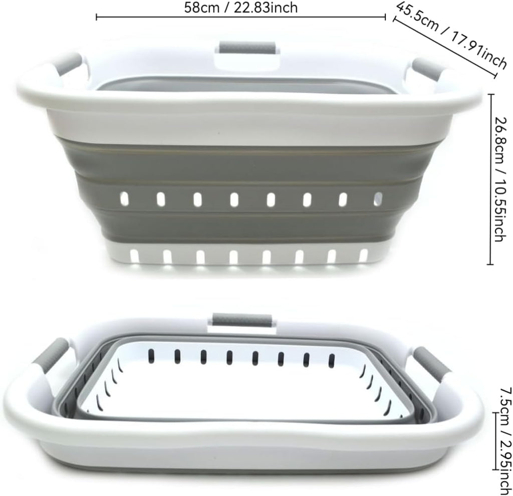 SAMMART 41L (10.8 gallon) Collapsible 3 Handled Plastic Laundry Basket - Foldable Pop Up Storage Container/Organizer - Portable Washing Tub - Space Saving (3 handled rectangular, White/Grey)