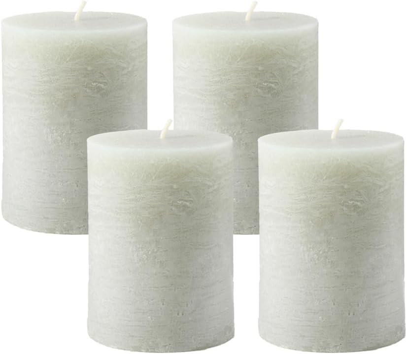 Serene Spaces Living Set of 4 Rustic Cement Green Pillar Candles for Wedding, Birthday, Holiday & Home Decoration, 3" Diameter x 4" Tall