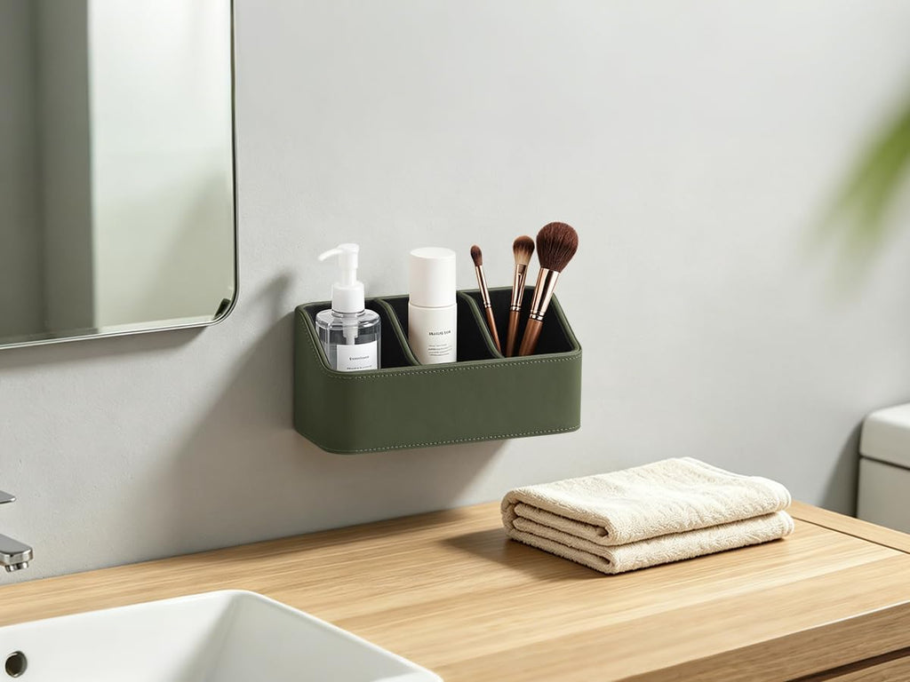 Hole-Free Wall-Mounted PU Leather Remote Control Holder, 3-Compartment Desktop Organizer, Perfect for Living Room, Bedroom, TV Side, Bathroom and More (Green)