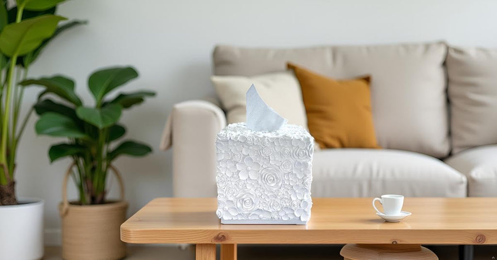 Square Tissue Box Cover Decorative Kleenex Box Holder for Bathroom & Living Room with Handcrafted Texture (Rose White)