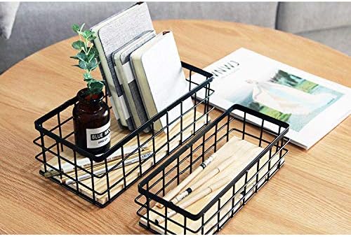 KiaoTime Metal Wire Storage Organizer Bin Basket, Home Kitchen Restaurant Coffee Bar Station Counter Sugar Sweetener Tea Packets Holder, Rustic Style Wire Grid Wooden Base Organizing Basket