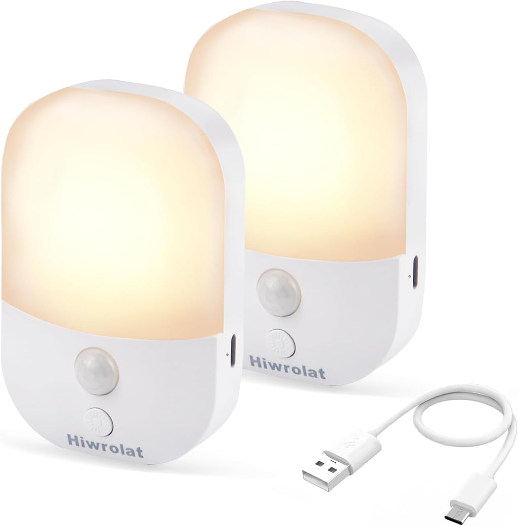 2 Pack Rechargeable Battery Night Light with Motion Sensor for Hallway Bedroom Bathroom Kitchen Living Room Stairs Stick On Anywhere Dimmable LED Nightlights