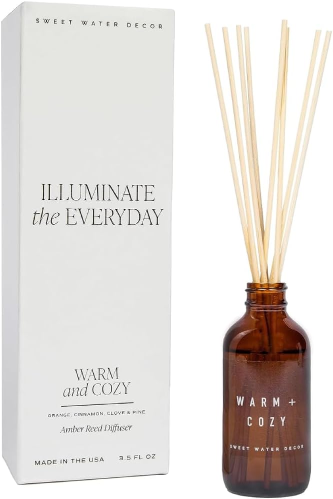 Sweet Water Decor Warm and Cozy Reed Diffuser Set - Fall and Winter Reed Diffuser Set for Home - Orange, Cinnamon, Ginger, Clove Scented Room Fragrance - Lasts 4+ Months, Made in the USA