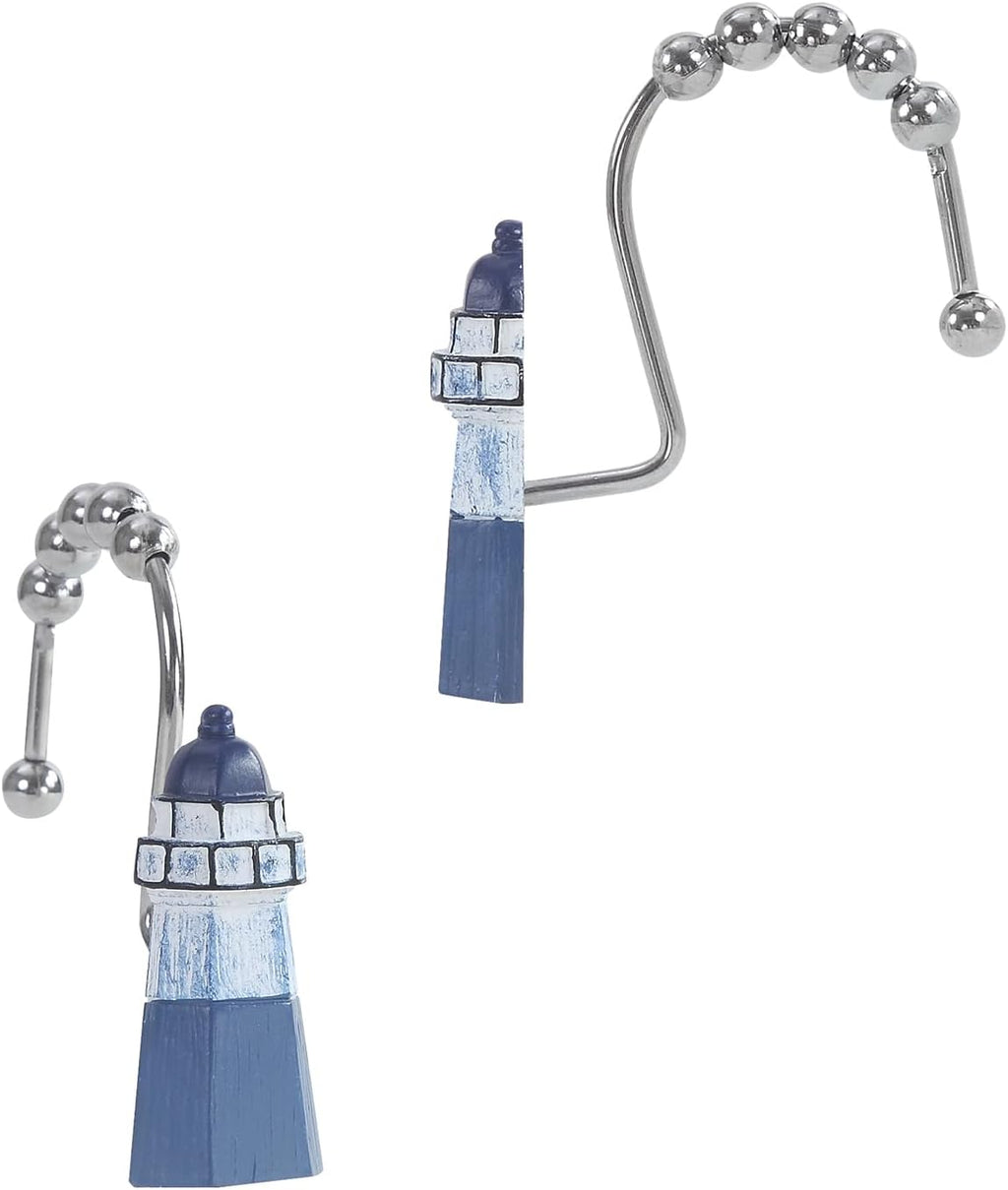 Lighthouse Decorative Shower Curtain Hooks,5 Roller Ring Balls Designed Coastal Hooks for Bathroom Curtains,Set of 12