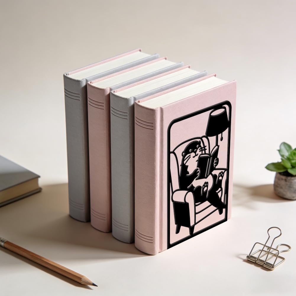WADORN 1 Pair Reading Otter Metal Decorative Bookend for Shelves, Heavy Duty Book Ends Modern Non-Skid Books Holder Stand Black Book Support Stoppers for Office Desk Bookshelf, 5.3x4.3x7.8 Inch