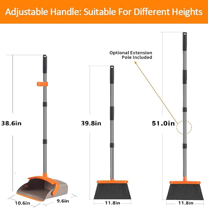 2 Pack is More economical,Upgraded Broom and Dustpan,with 52" Long Handle, Dustpan Teeth with self-Cleaning Function, Indoor and Outdoor Sweeping, Perfect for Home Office (Large Size/Orange /2-Pack)