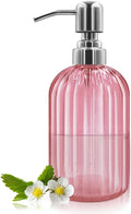 14 Oz Glass Soap Dispenser with 304 Rust Proof Stainless Steel Pump, Refillable Hand Liquid Soap Dispenser for Bathroom, Kitchen, Countertop, Laundry Room (Pink)