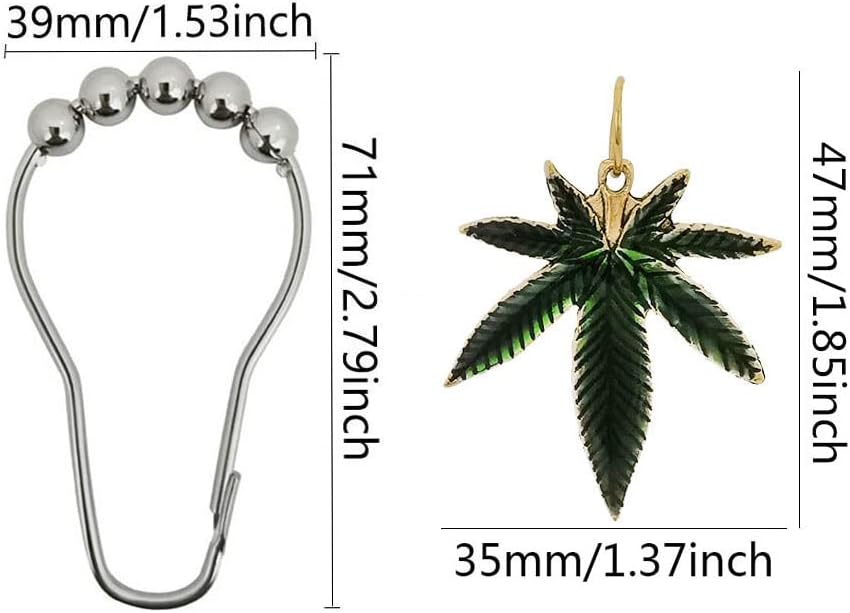 12Pcs Shower Curtain Hooks with Decorative Marijuana Leaf Pendant, Green