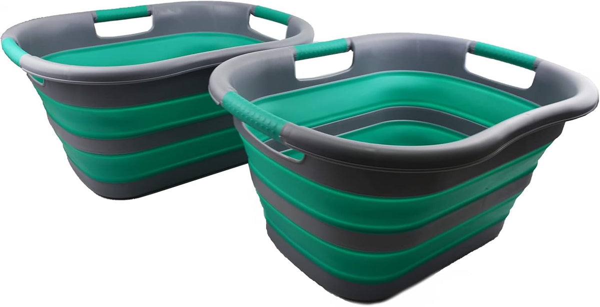 SAMMART 30L (7.9 gallon) Collapsible Plastic Laundry Basket - Foldable Pop Up Storage Container/Organizer - Portable Washing Tub - Space Saving Hamper/Basket (Dark Grey/Bluish-Green (Set of 2))