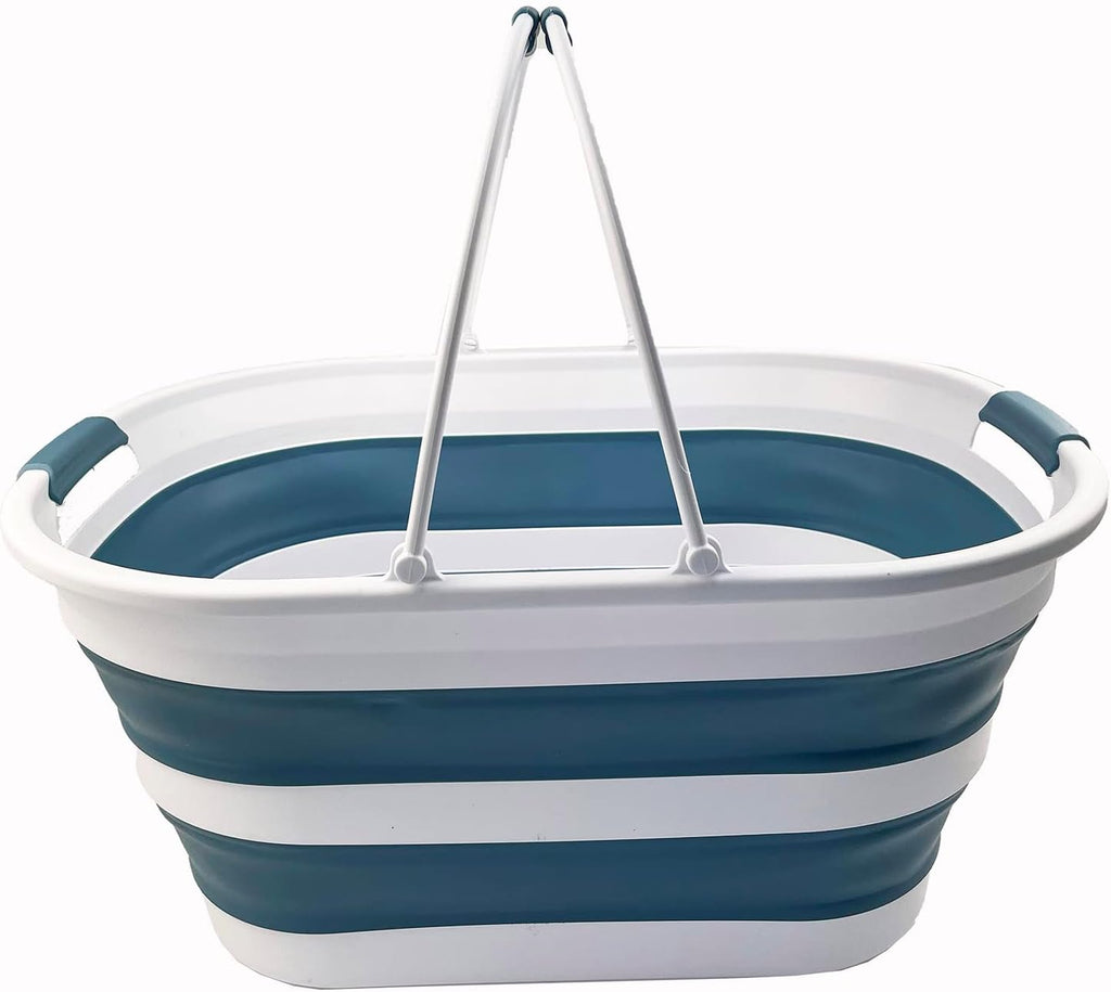 SAMMART 38L (10 Gallons) Collapsible Plastic Laundry Basket - Foldable Storage Container/Organizer - Portable Washing Tub - Space Saving Laundry Hamper (White/Adriatic Blue)
