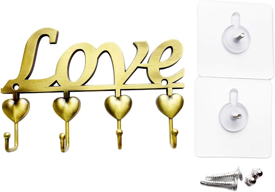 Myartte Key Holder- Key Hooks Decorative for Wall Decorative Zinc Alloy Key Organizer Rack with 4 Hooks -with Screws and Sticker (Antique Brass Love)