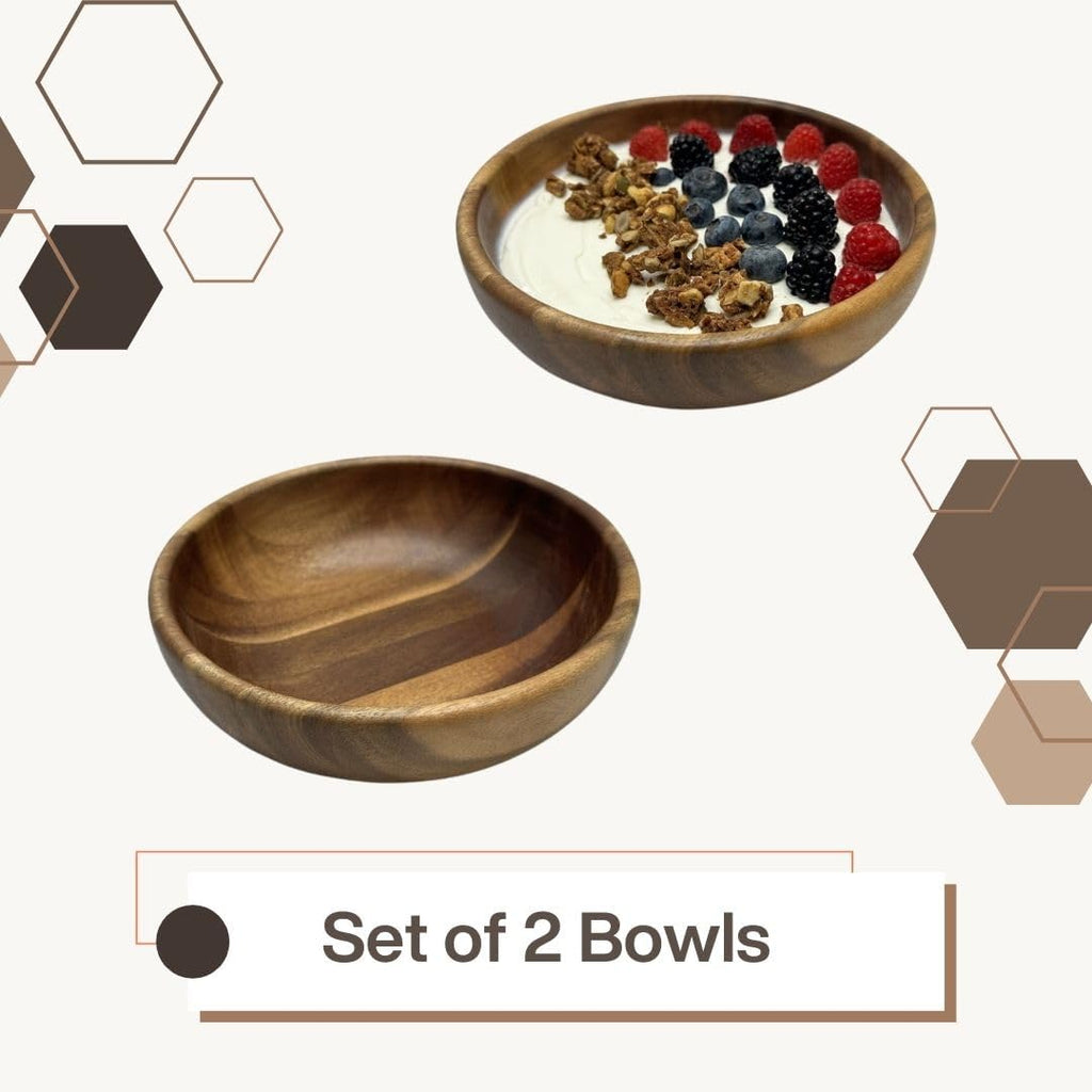 Rest&Rooted Acacia Decorative Wooden Bowls (2 Pcs) - Bowls for Food like Soup, Salad & So On - Water Resistant & Food Safe Wooden Salad Bowl Set - Perfect Nature-Friendly Modern Kitchen Decor (32 oz)