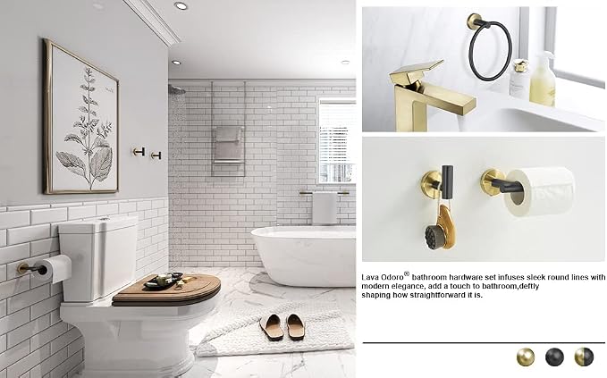Lava Odoro 5-Piece Bathroom Hardware Set Black and Gold, 23.6 Inch Towel Bar Set Towel Rack Set Stainless Steel Wall Mounted Bathroom Holder Set Bathroom Accessories Set