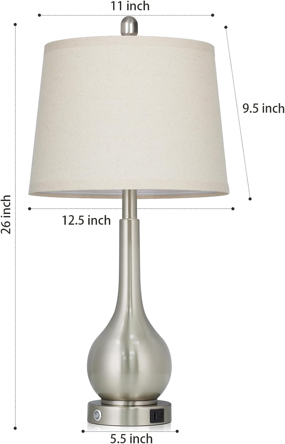 26" Silver Metal Table Lamps Set of 2 for Bedrooms, Touch Control Bedside Lamps for Nightstand with Charging Port, 3-Way Dimmable End Table Lamp for Living Room (2 LED Bulbs Included)