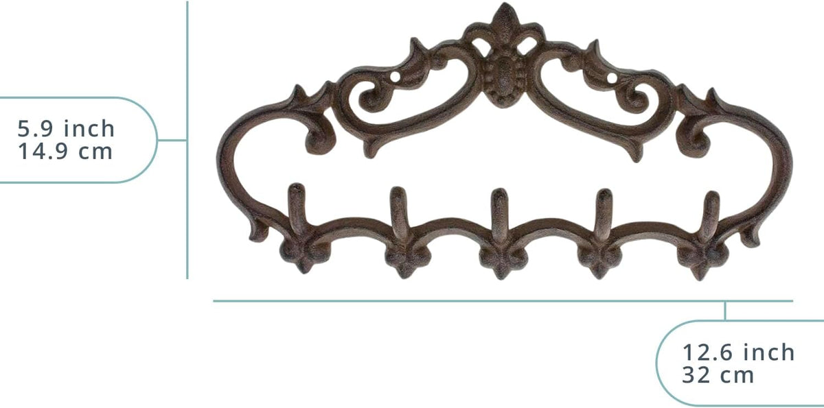 Comfify Brown Cast Iron Wall Hanger – 5 Hooks – Fleur-de-Lis – 12.6" x 5.9"