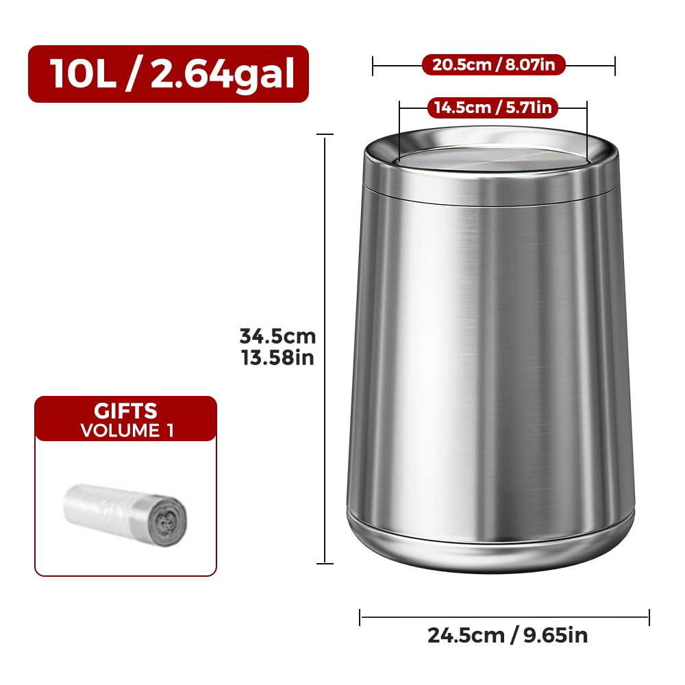 10L/2.6Gal Brushed Nickel Bathroom Trash Can with Lid,Sliver