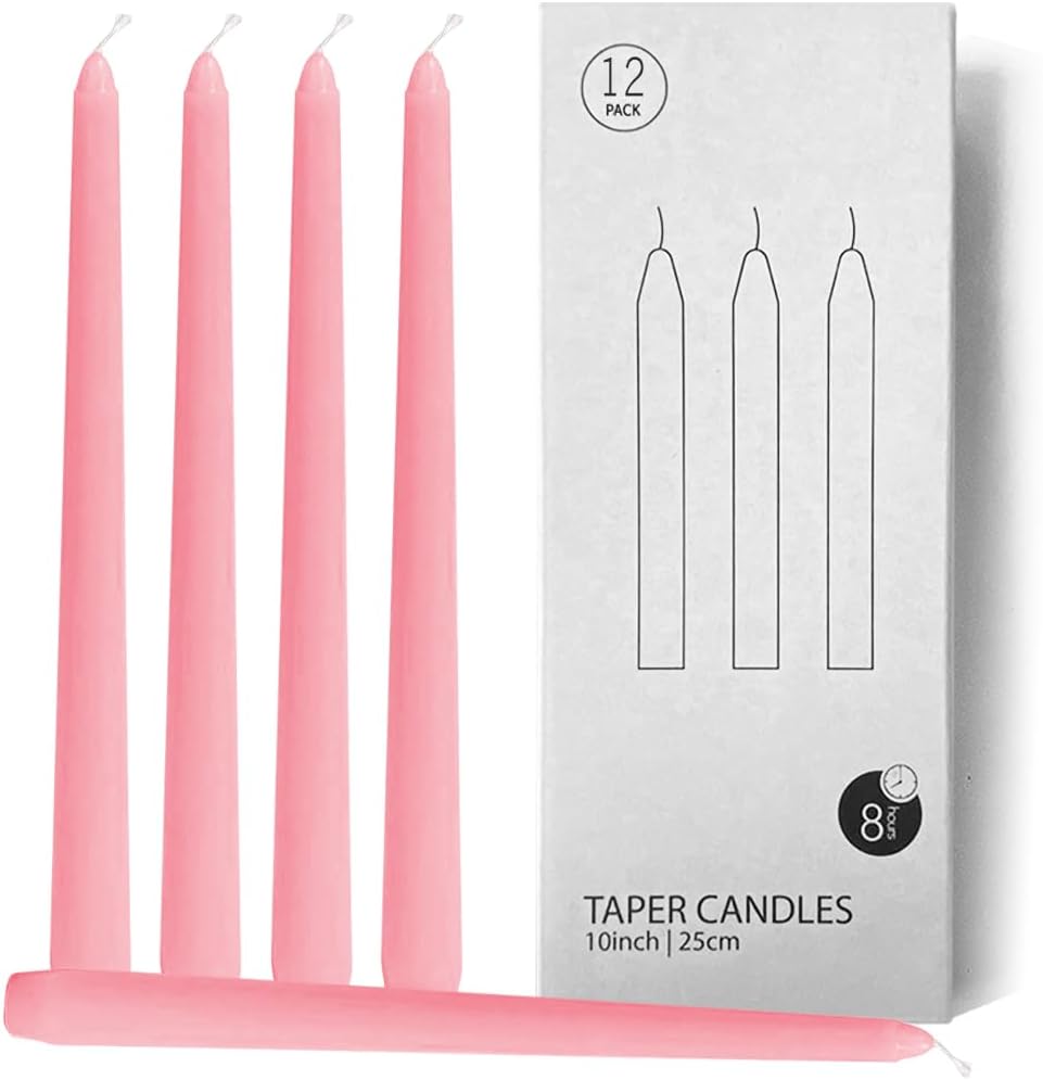 12 Pack Pink Taper Candles, 10 inch Unscented Dripless Candlesticks Valentine's Candles - 8 Hours Long Burning Candles for Home Decor, Wedding, Valentine's Day
