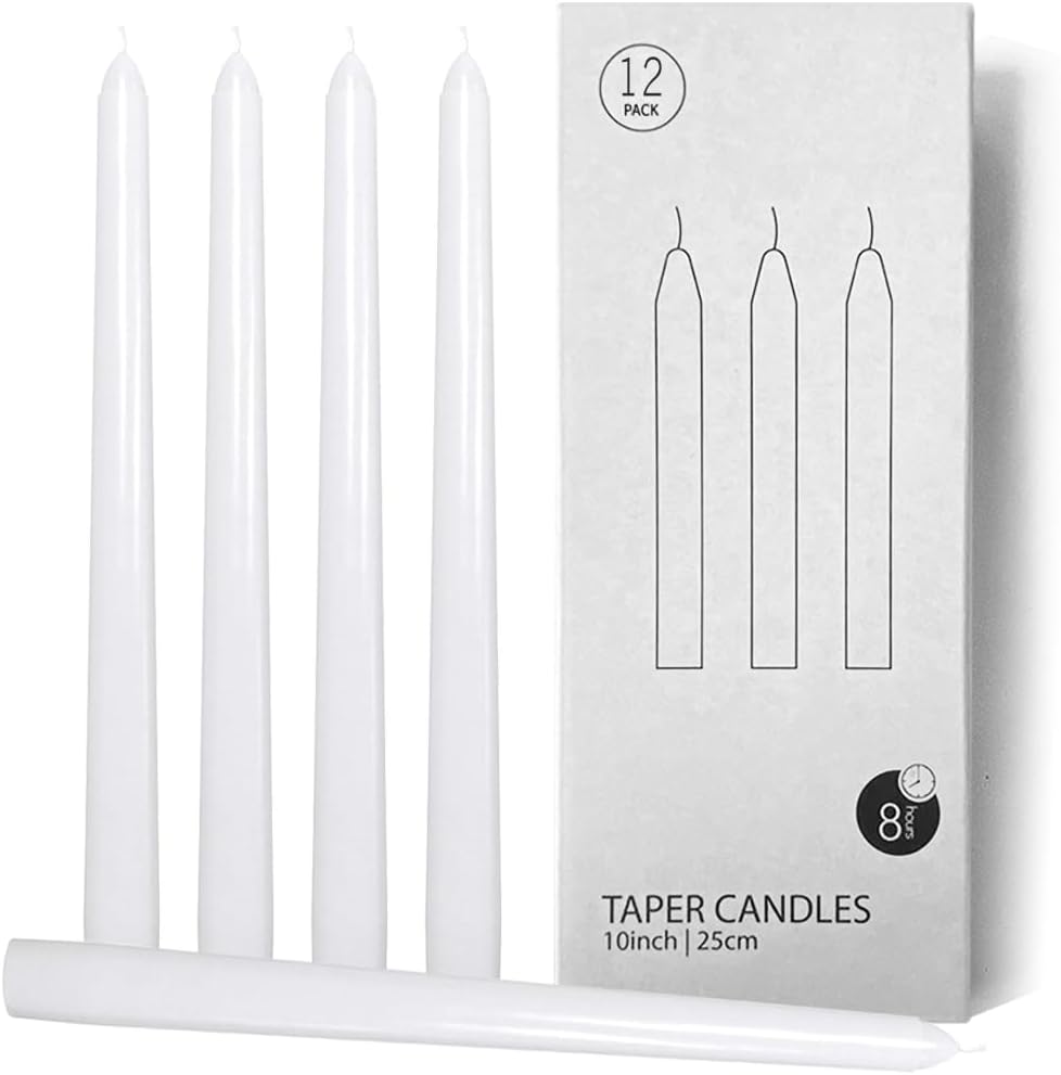 12 PCS White Taper Candles, 10 Inch Unscented Long Candles White, Low Heat Romantic Candlesticks for Couples, Wedding, Home, Dinner,