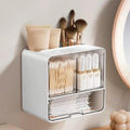 Qtip Holder for Bathroom Container, Wall Mounted & Countertop Cotton Swab Organizer with Drawer, Dustproof Storage for Cotton Balls, Cotton Pads, Tampons, Makeup Brushes & Hair Accessories for Vanity