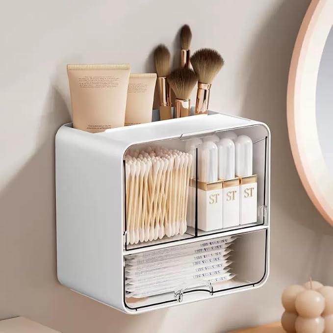 Qtip Holder for Bathroom Container, Wall Mounted & Countertop Cotton Swab Organizer with Drawer, Dustproof Storage for Cotton Balls, Cotton Pads, Tampons, Makeup Brushes & Hair Accessories for Vanity