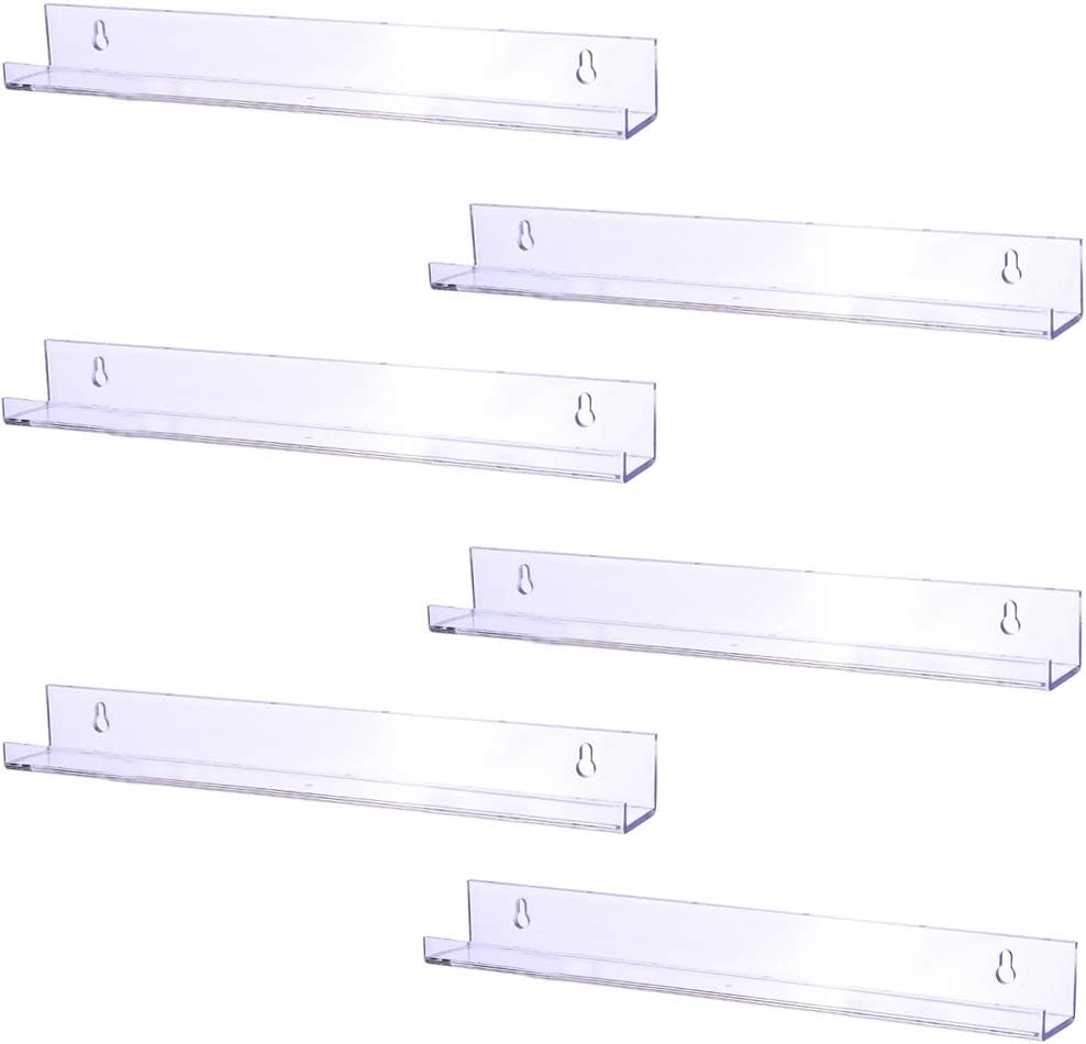 Sooyee 6 Pack 15 Inch Acrylic Invisible Floating Bookshelf for Kids Room, Modern Picture Ledge Display Toy Storage Wall Shelf, Clear