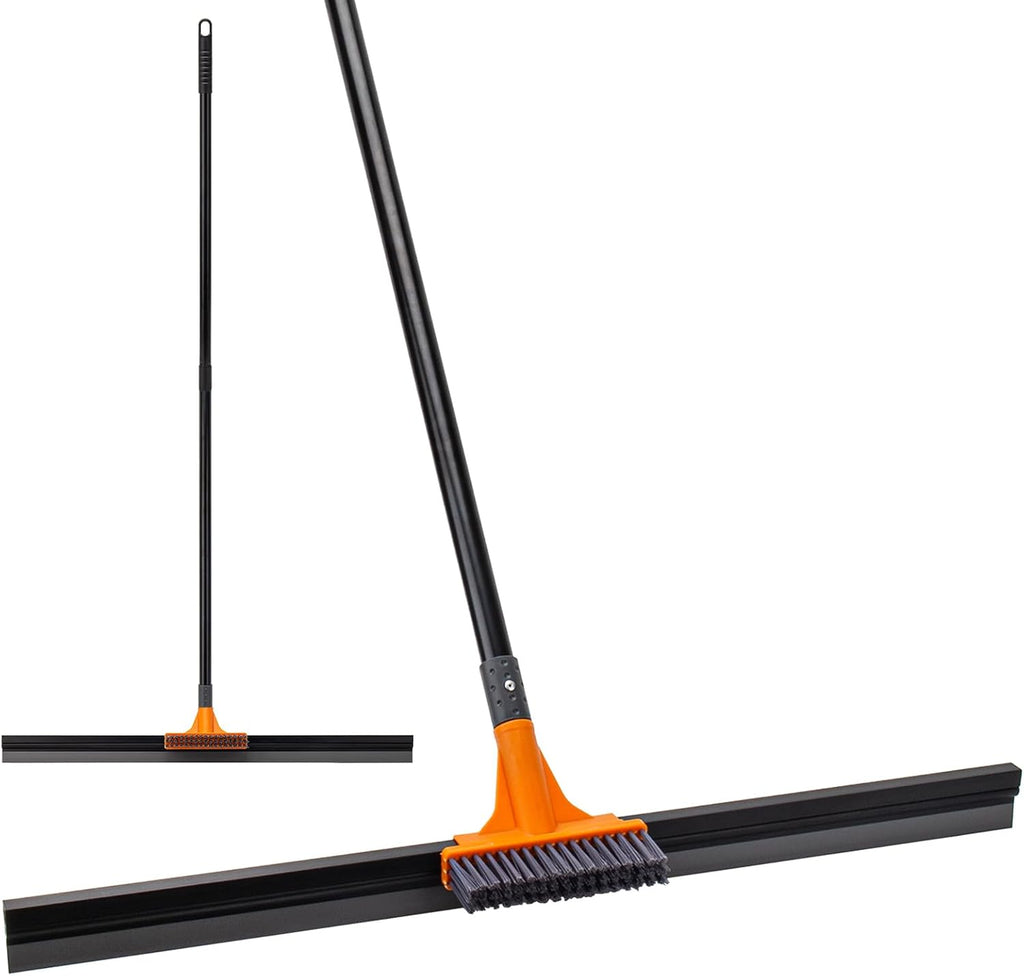 Floor Squeegee Broom, 56’’ Long Handle Water Wiper with Small Brush, 30'' Large Heavy Duty Household Squeegee for Concrete, Epoxy, Garage, Deck Cleaning