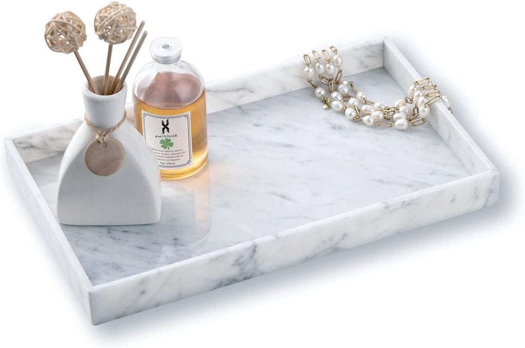 𝐈𝐭𝐚𝐥𝐢𝐚𝐧 𝟏𝟎𝟎% Marble Vanity Tray (12x7in), Counter Organizer for Bathroom, Kitchen, Dresser, Coffee Table, Serving, Decorative (Carrara White)