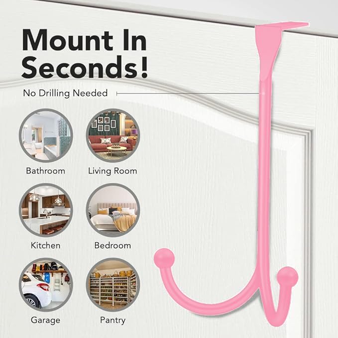 2-Pack Over The Door Hooks - with 2 Hang Heads & Snug Fit Pads Heavy Duty Hook for Hanging Coats, Towels, Caps & Robes - Elegant Matt Finish - No Drill Hanger Organizer - Pink