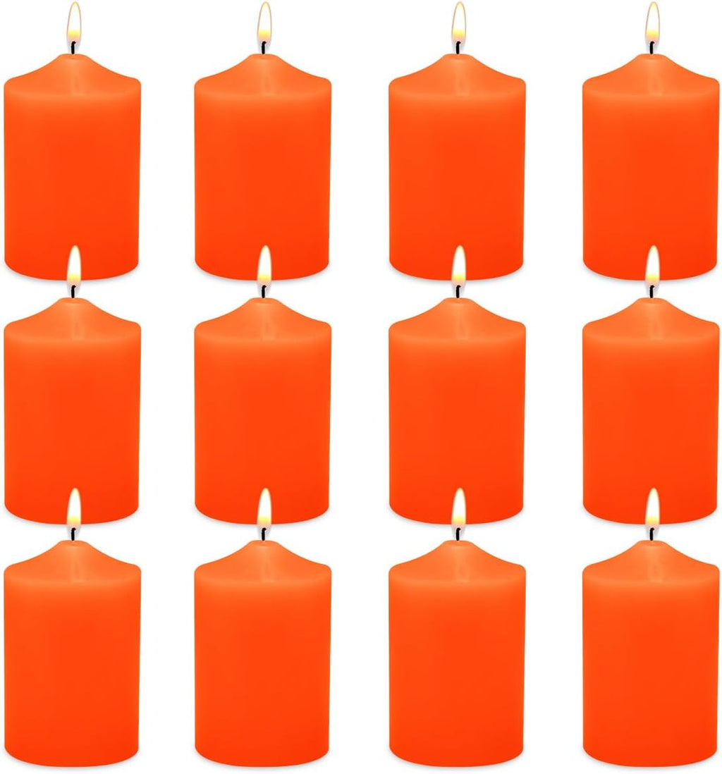 12 Pack 2x3 Hand Poured Orange Dripless Pillar Candles, Soy Candles, Non-Toxic, Unscented, Smokeless, Long Burning, for Emergency, Halloween, Thanksgiving, Weddings, Dinner Parties, Home Decor