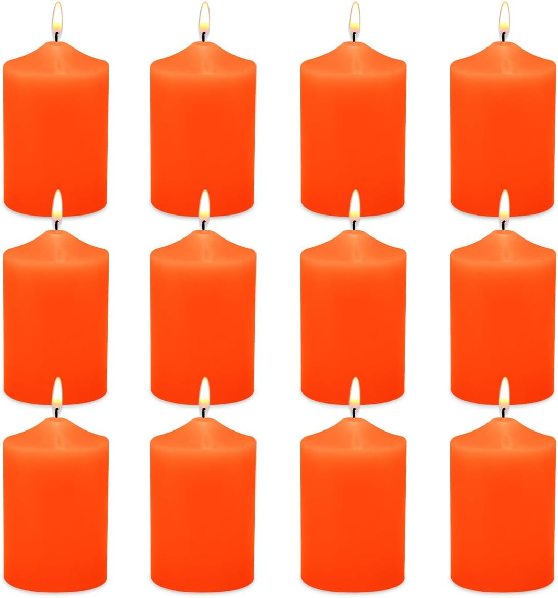 12 Pack 2x3 Hand Poured Orange Dripless Pillar Candles, Soy Candles, Non-Toxic, Unscented, Smokeless, Long Burning, for Emergency, Halloween, Thanksgiving, Weddings, Dinner Parties, Home Decor