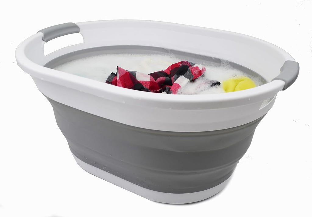 SAMMART 32L (8.4 Gallon) Collapsible Plastic Laundry Basket - Foldable Pop Up Storage Container/Organizer - Portable Washing Tub - Space Saving Hamper/Basket, Water Capacity: 24L (2, White/Grey)