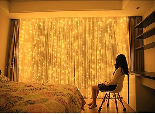 300 LED Fairy Curtain Window String Lights, Indoor String Lights 10 Ft with 8 Modes Fits Remote and Timer for Bedroom Wedding Party Patio and Christmas Decoration (Cold White)