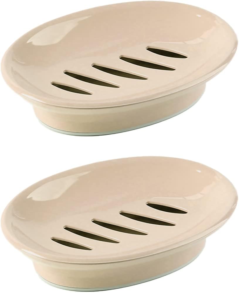 WYOK 2-Pack Soap Dish Plastic Soap Holder with Drainage for Shower (Khaki)