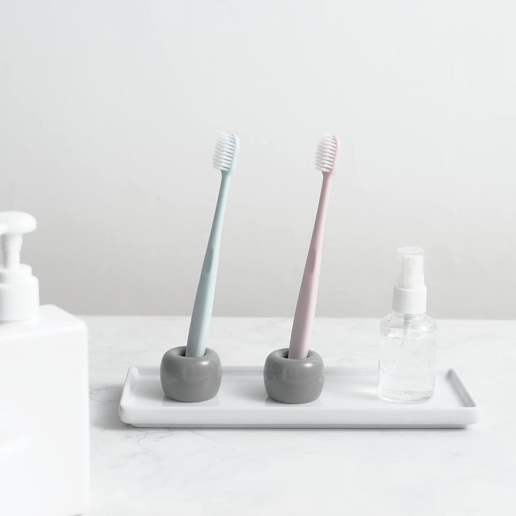 Mini Ceramic Couple Toothbrush Holder, Hand-Made Bathroom Toothbrush Holder, Electric Toothbrush Head Holder and Office Pen Holder 2-Piece Set (Gray)