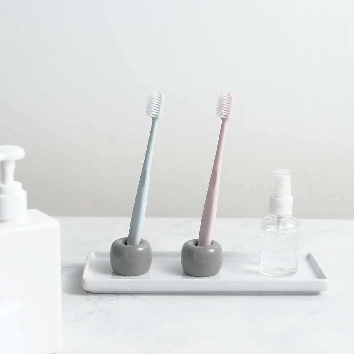 Mini Ceramic Couple Toothbrush Holder, Hand-Made Bathroom Toothbrush Holder, Electric Toothbrush Head Holder and Office Pen Holder 2-Piece Set (Gray)