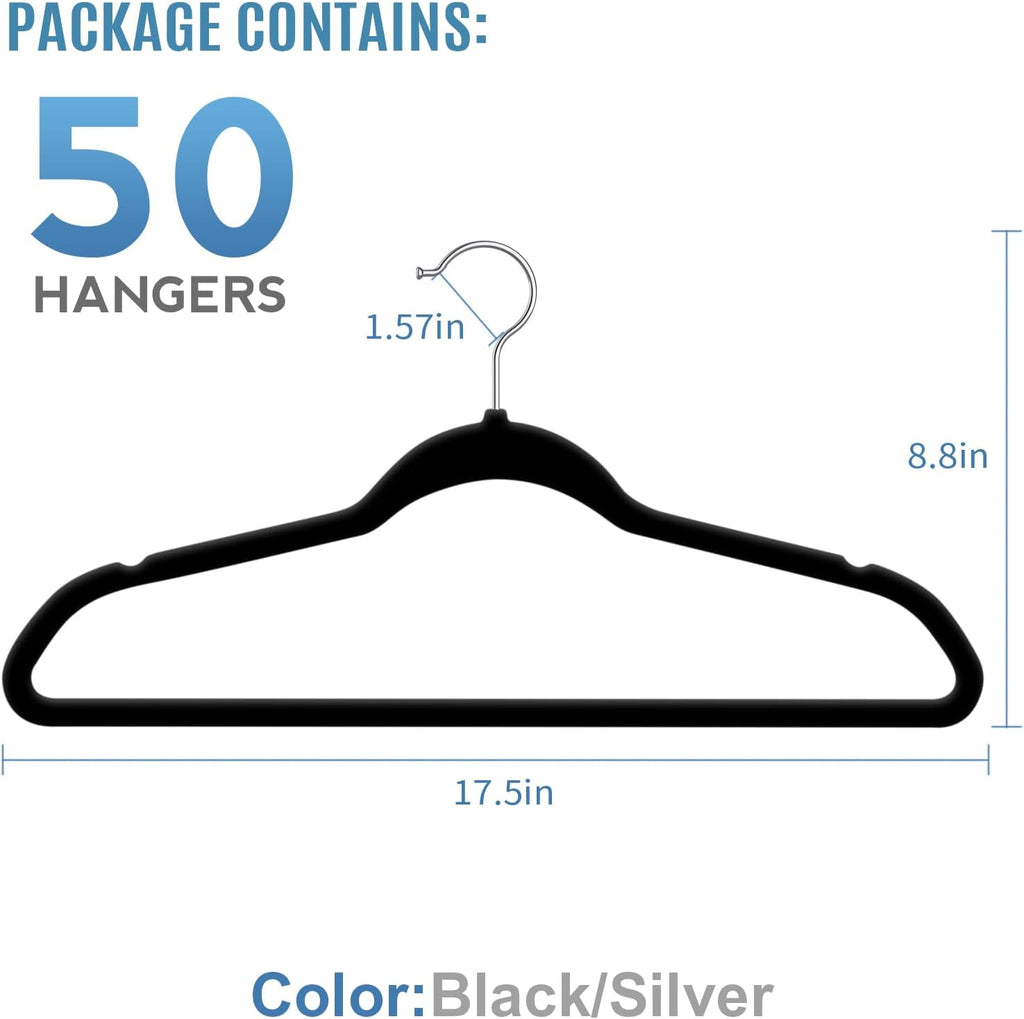 TIMMY 50 Pack Velvet Clothes Hangers, 17.7 in, Black/Silver, Non-Slip