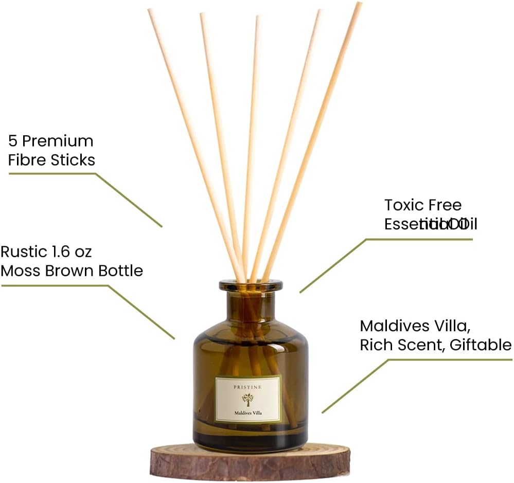 PRISTINE Maldives Villa/Inspired by Marriott Hotel Reed Diffuser for Home | Citrusy Grapefruit, Apple/Ocean Breeze/Sandalwood Oil Reed Diffuser Set & Reed Diffuser Sticks | Home Decor Scent Diffuser