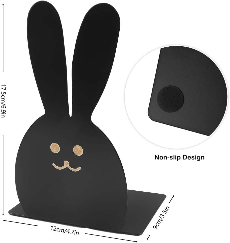 Lovely Bunny Bookends Rabbit Long Ears Metal Kid Bookends Student Book Ends Metal Office Desk School Library Decoration Bookshelf Book Organizer for Easter Christmas Birthday Kids Gift (Black)
