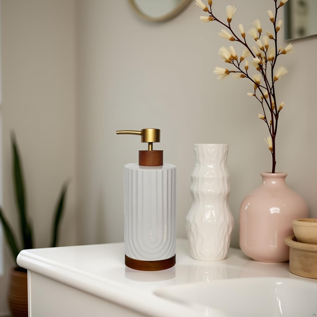 White Soap Dispenser,Ceramic with Wood Hand Soap Dispenser, 16oz Refillable Liquid Bottle, for Modern Home Decor, Bathroom, Kitchen Countertop, Hotel (White)
