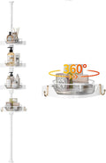 akinbas 360° Rotating Shower Caddy Tension Pole with 4-Tier Rustproof Lazy Susan 35-128 Inch No Drilling Coner Shelves Adjustable Shower Rack for Bathroom Bathtub Washbasin Plant Storage (White)