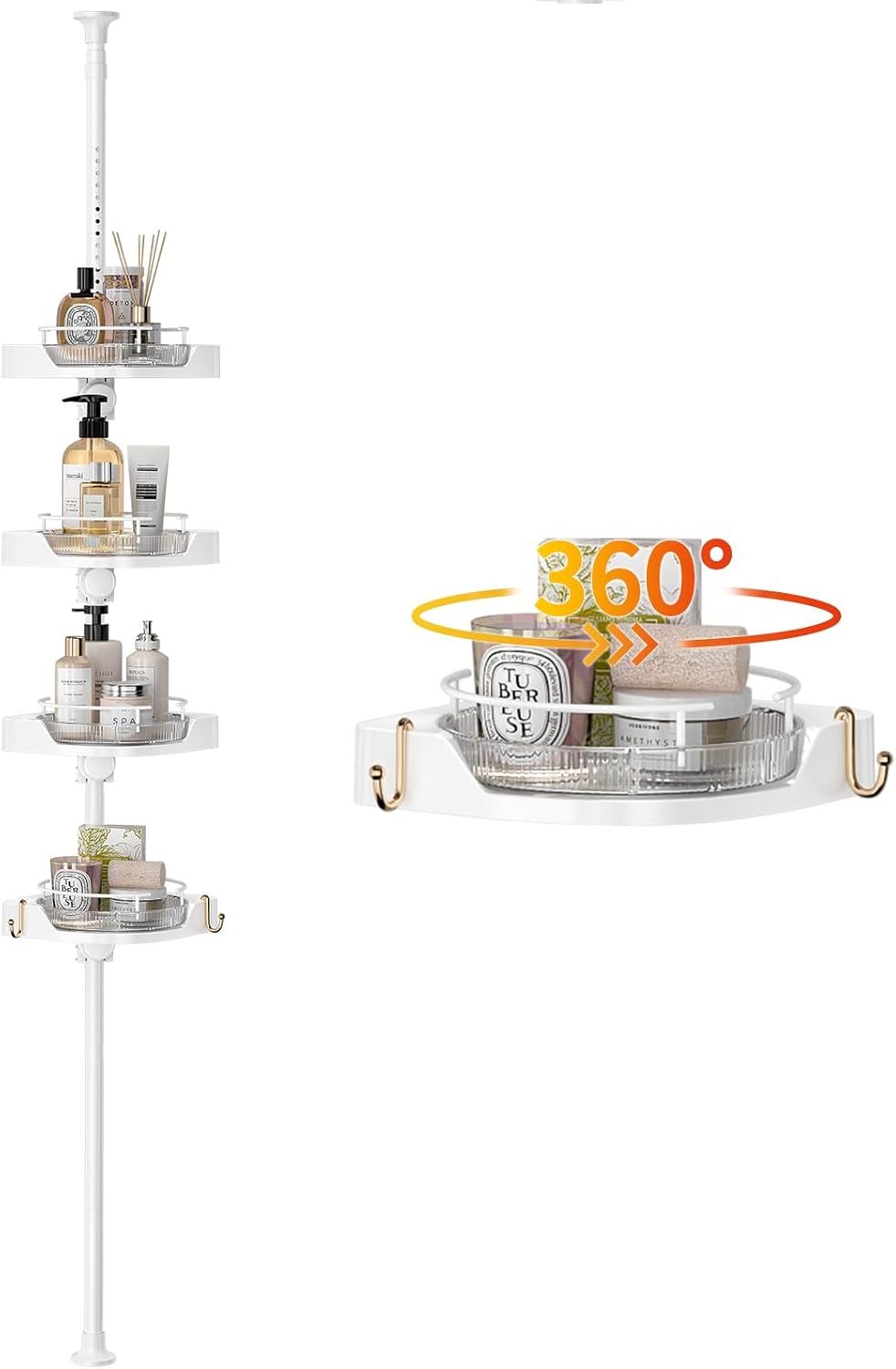 akinbas 360° Rotating Shower Caddy Tension Pole with 4-Tier Rustproof Lazy Susan 35-128 Inch No Drilling Coner Shelves Adjustable Shower Rack for Bathroom Bathtub Washbasin Plant Storage (White)