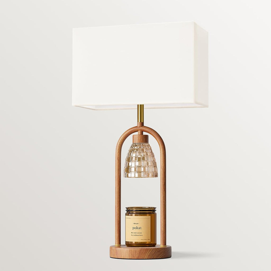 PoKat 22'' Farmhouse Table Lamp with Candle Warmer for Bedroom, Wood-Like