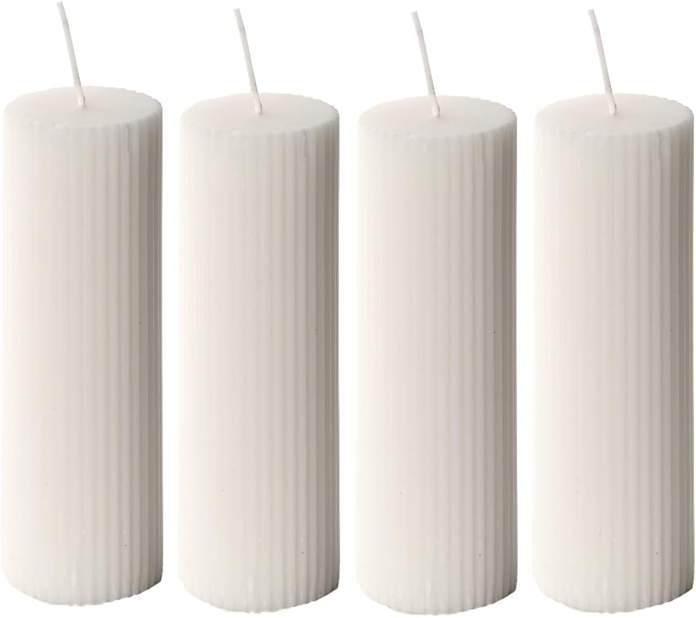 White Ribbed Pillar Candles 2x6'' Fluted Column Modern Home Décor Soy Wax Handmade (4 Packs, Natural White) Unscented, Aesthetic Decorative Textured Candle Set